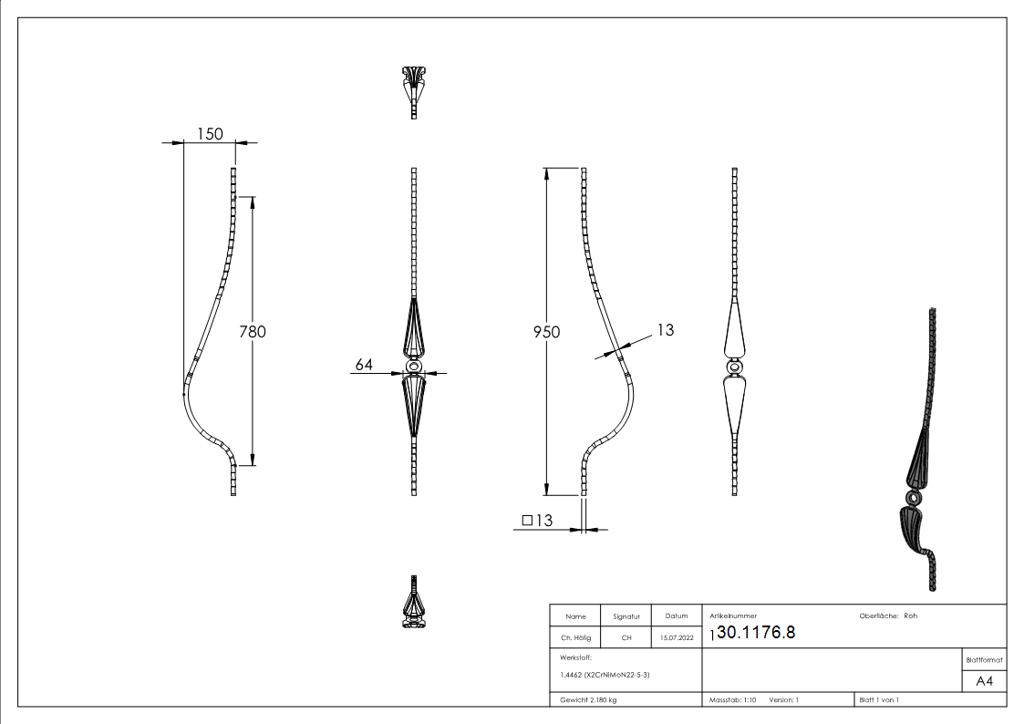 Bauchstab | Länge: 945 mm | Material: 13x13 mm | Stahl S235JR, roh