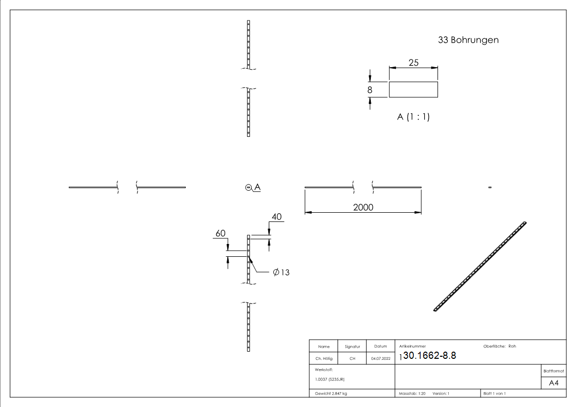 Flacheisen gelocht | Länge: 2000 mm | 33 Lochungen | Stahl (Roh) S235JR