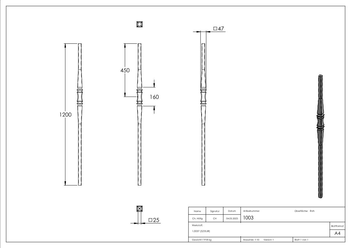 Anfangsstab | Länge: 1200 mm | Material: 25x25 mm | Stahl S235JR, roh