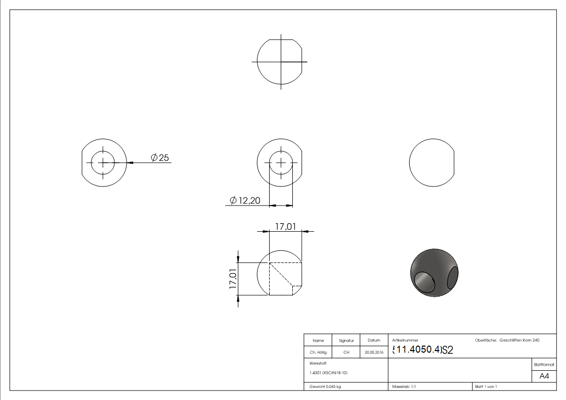 Kugel | Ø 25 mm | mit 2 x 90° Bohrungen 12,2 mm | V2A