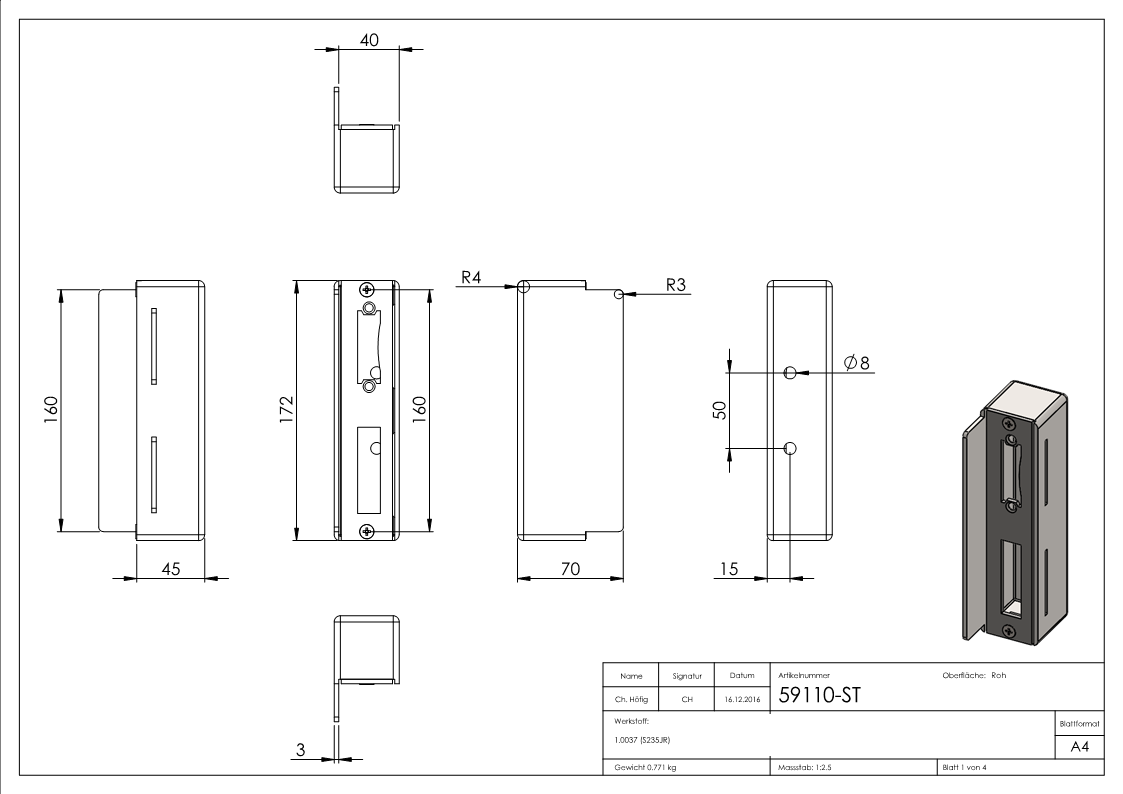 Gegenkasten | Maße: 172x45x40 mm | Stahl (roh) S235 JR