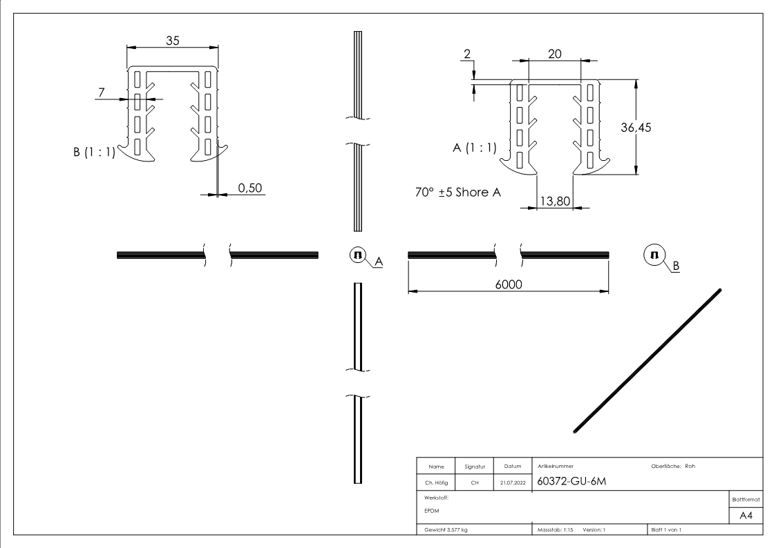 Keildichtung Glas 16,76 – 17,52mm, für Nut 34 x 34mm, Länge 6m, EPDM