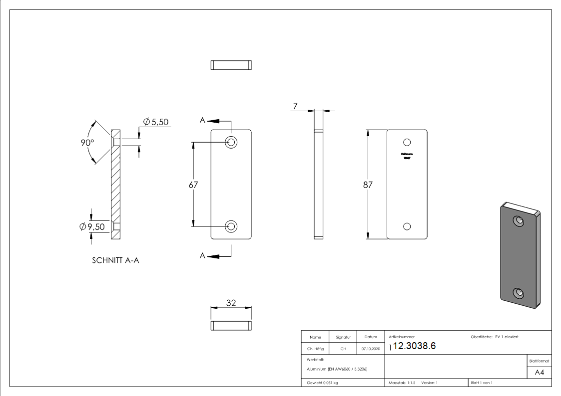 Alu-Kurzschild | Maße: 32x87x7 mm | Form: vierkant | Aluminium EV1