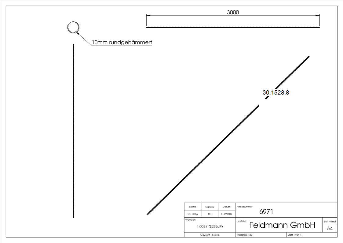 Rundeisen spindelförmig geschmiedet Ø 10 mm Länge: 3000 mm Stahl (Roh) S235JR