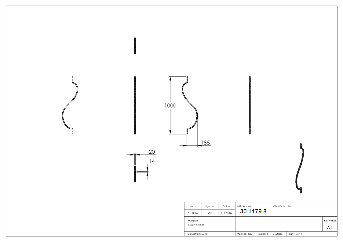 Bauchstab | Länge: 1000 mm | Material: 20x12 mm | Stahl S235JR, roh