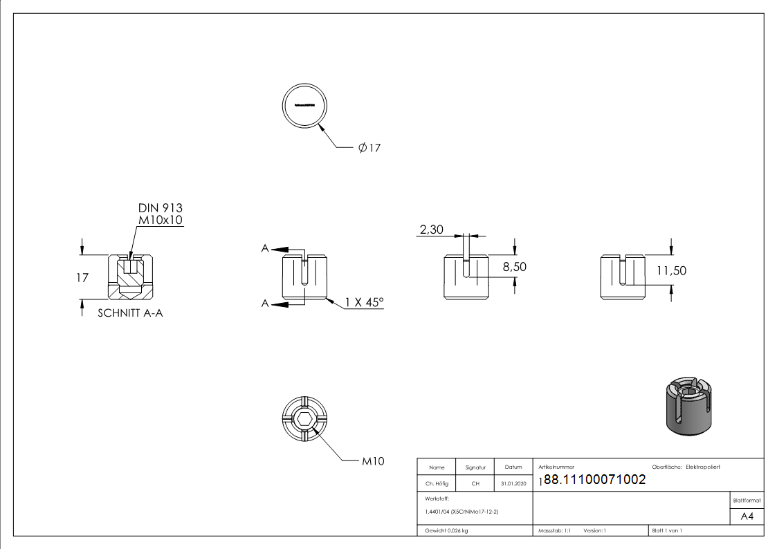 Kreuzklemme für Seil Ø 2mm, V4A