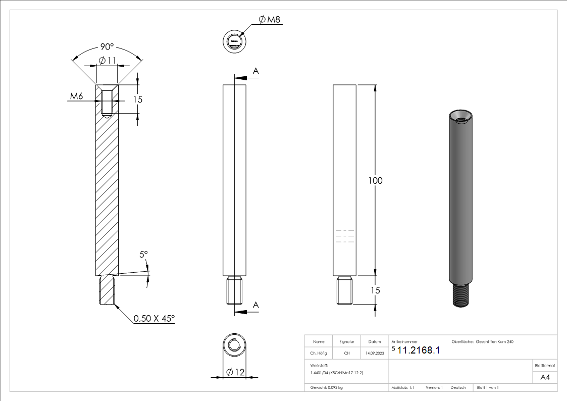 Stift | Maße: 100x12 mm | mit Außen - und Innengewinde | V4A