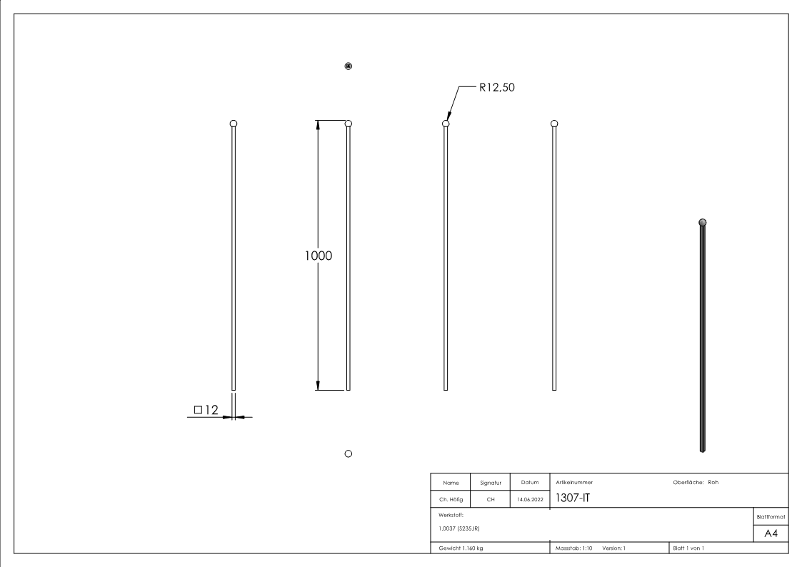 Kugelstab 12 x 12mm; Länge 1000mm;  Kugel 25mm