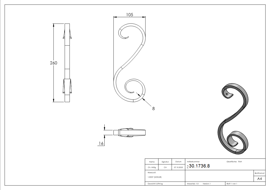 16er Serie | Maße: 105x260 mm | Material: 16x8 mm, glatt | Stahl S235JR, roh