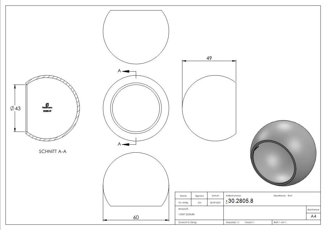 Abschlußkugel Ø 60 mm | für Ø 42,4 mm | Stahl S235JR, roh