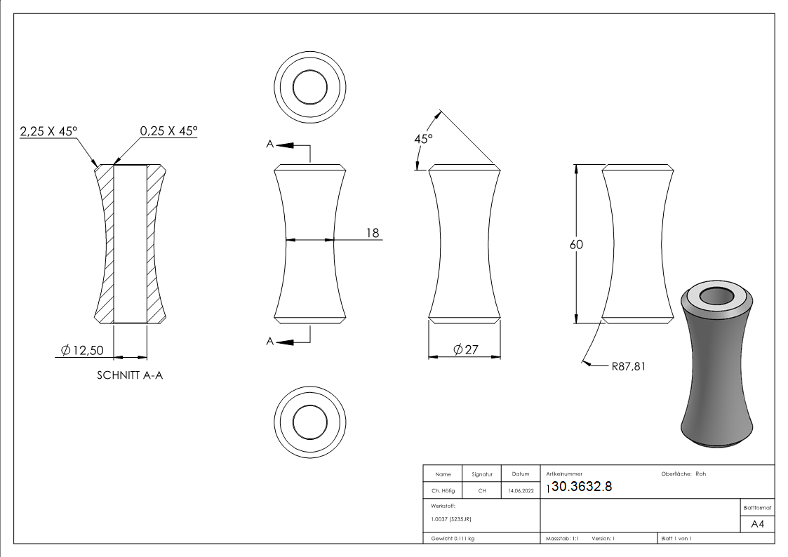 Zierhülse | Maße: 27x60 mm | Lochung: Ø 12,5 mm | Stahl S235JR, roh