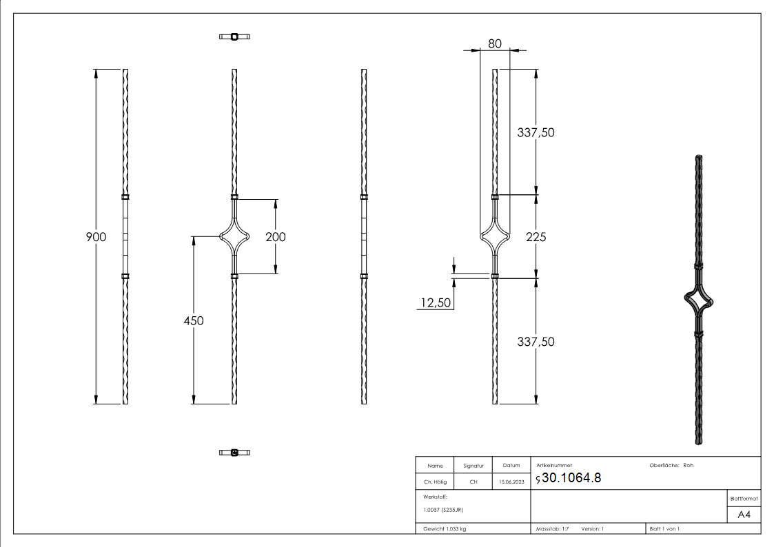 Zierstab | Länge: 900 mm | Material: 12x12mm | gehämmert | Stahl (Roh) S235JR