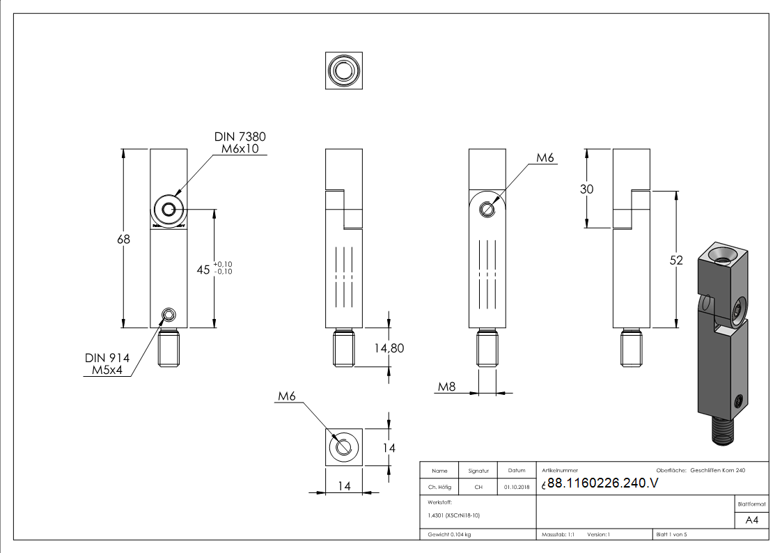 Gelenkstift aus 14x14mm, Länge: 68mm, V2A