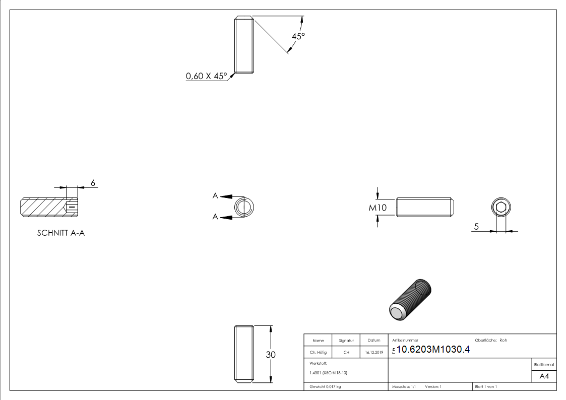 Gewindestift M10 x 30 mm | V2A