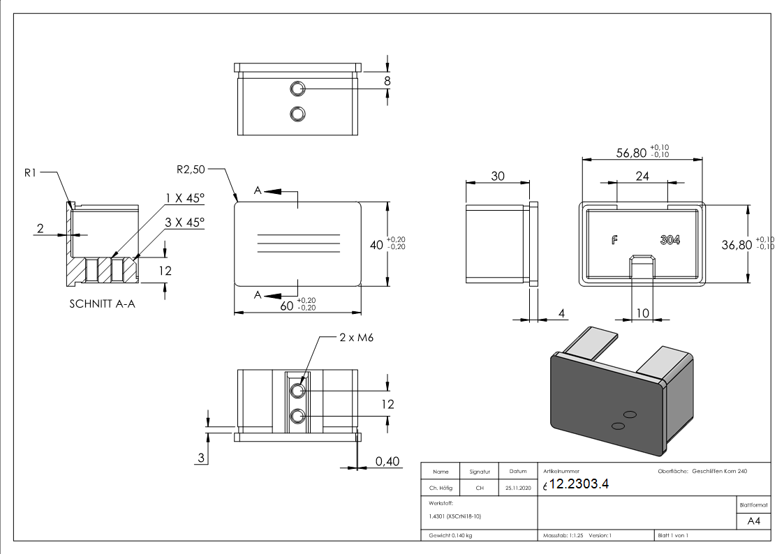 Endkappe | flache Ausführung | für Rechteck-Nutrohr: 60x40x1,5 mm | V2A