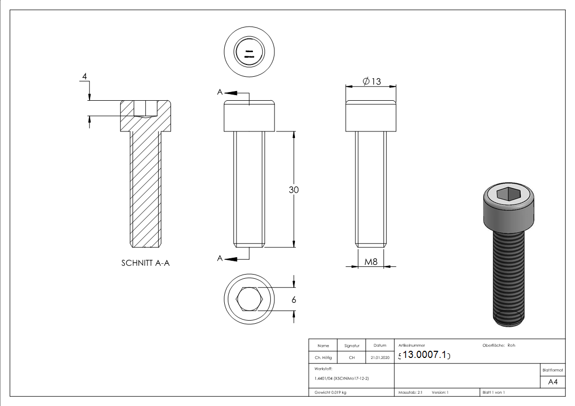 Zylinderkopfschraube M8x30 mm V4A mit Innensechskant