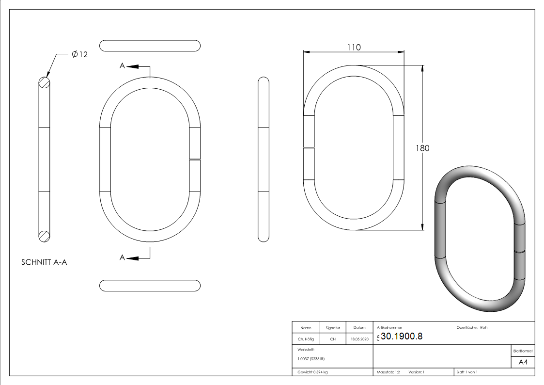 Ring | oval | Material: 12 mm | Außen-Ø: 180x110 mm | Stahl S235JR, roh