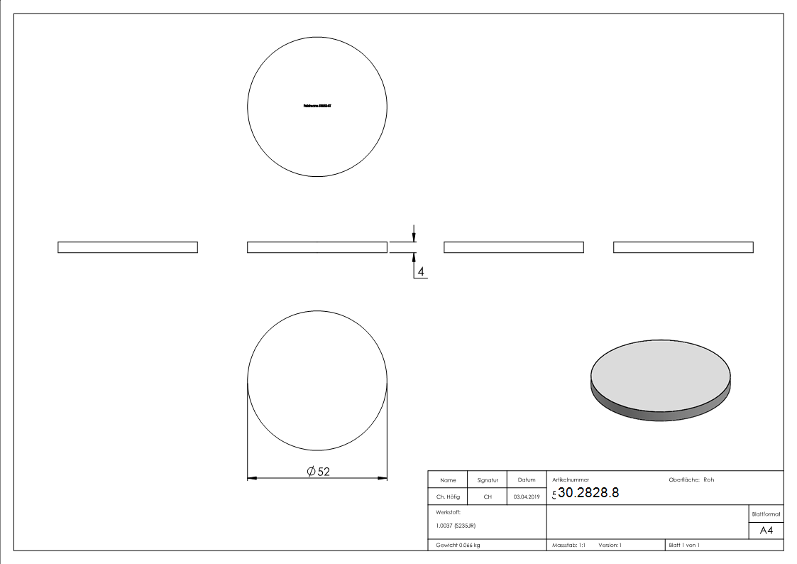 Ronde | Ø 52x4 mm | Stahl S235JR, roh