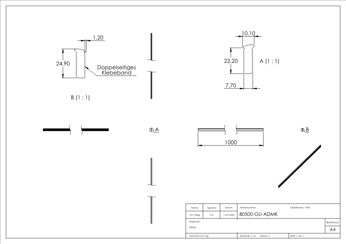 Abschlussdichtung oben, EPDM 80+-5° Shore, schwarz