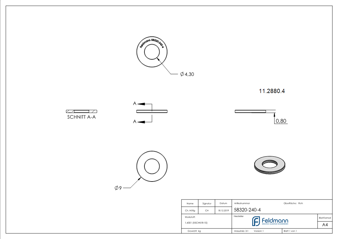 Beilagscheibe | für Gewinde M4 | DIN 125-1, A2 | V2A