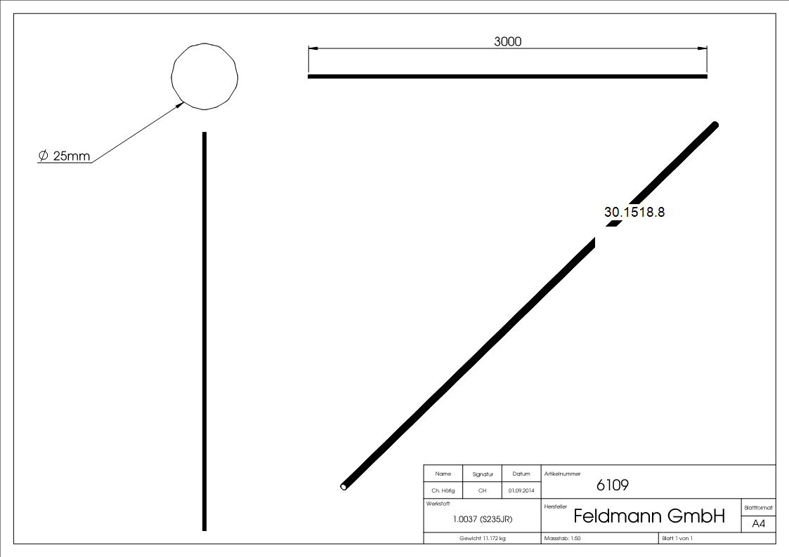 Rundeisen geschmiedet Ø 25 mm Länge: 3000 mm Stahl (Roh) S235JR