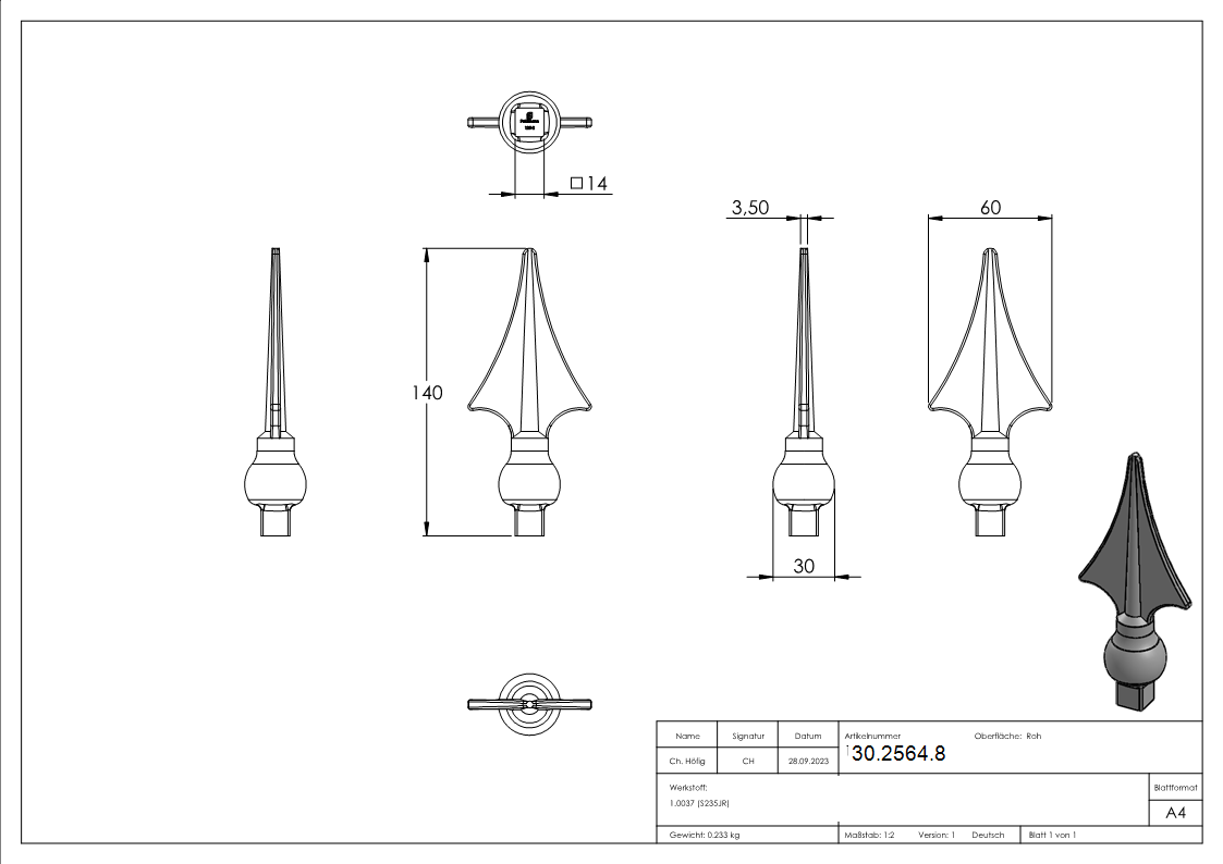 Zaunspitze 14x14 mm mit 140 mm Höhe Stahl | Stahl S235JR, roh