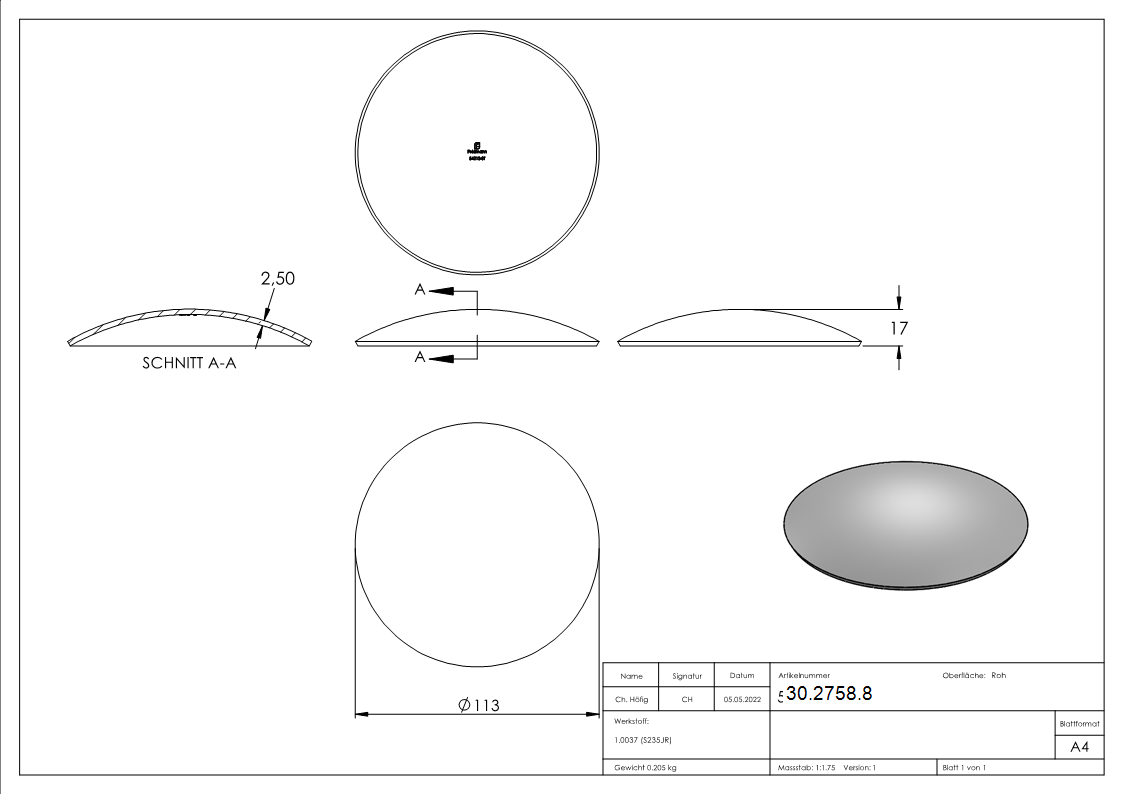 Klöpperböden | Rohrabschluss | Ø 113,0x2,5 mm | Stahl S235JR