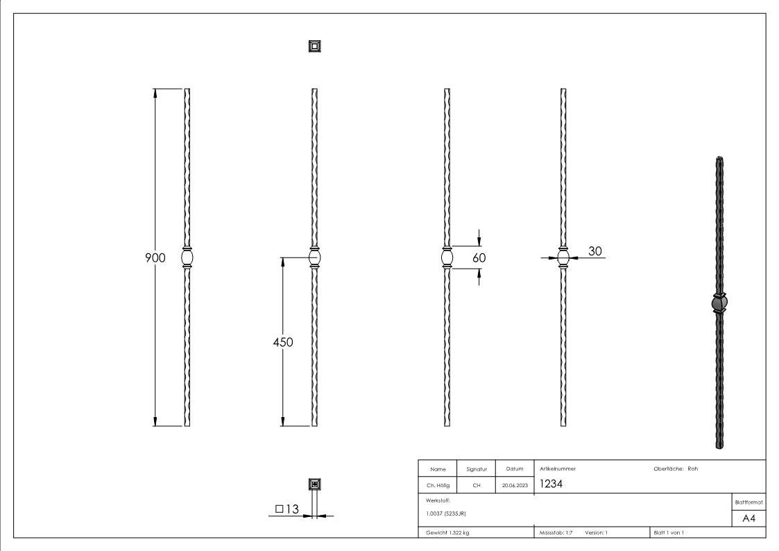 Zwischenstab | Länge: 900 mm | Material: 13x13 mm | gehämmert | Stahl S235JR, roh