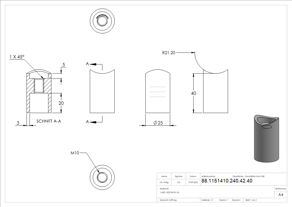 Abstandshalter für Rohr 42,4mm, Länge 40mm, V2A