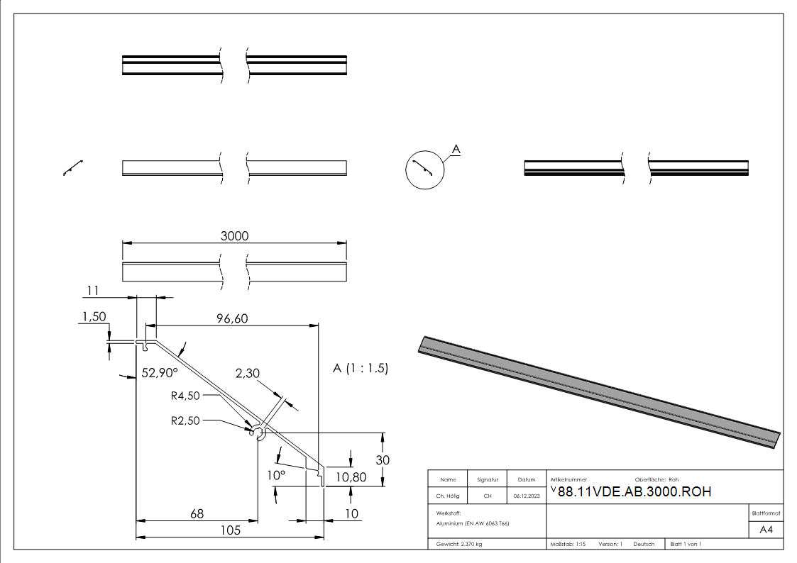 Design-Abdeckung für eleganza canopy, L=3000mm, Aluminium roh