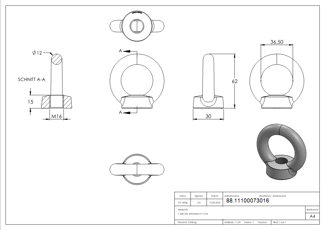 Ringschraube 16mm, V4A