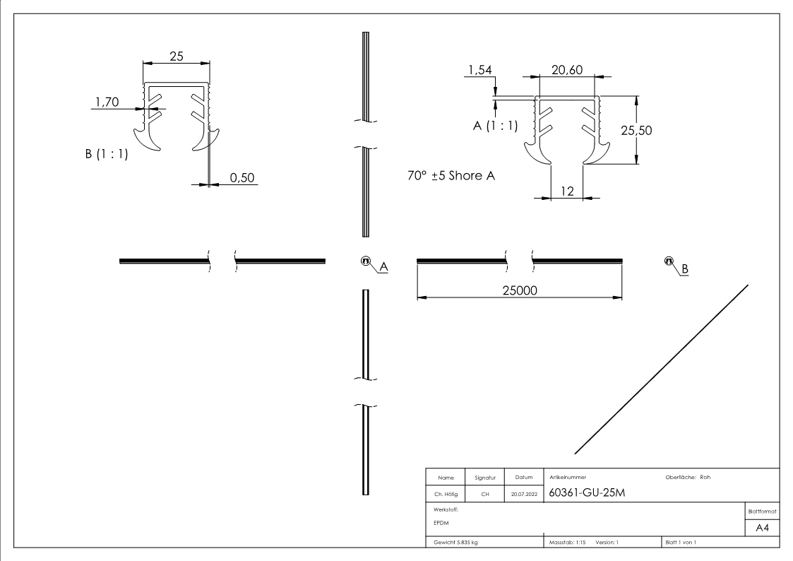 Keildichtung Glas 11,52 - 13,52mm, für Nut 24 x 24mm, Länge 25m, EPDM