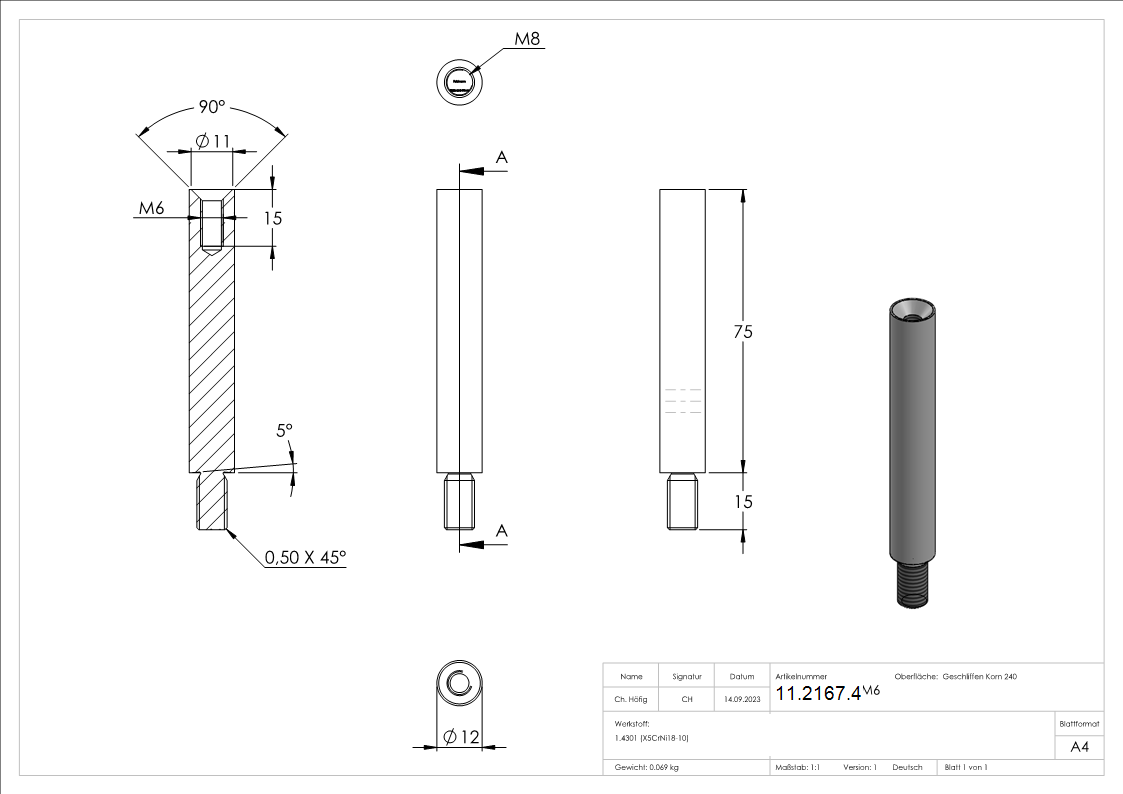 Stift | Maße: 75x12 mm | mit Außen - und Innengewinde | V2A
