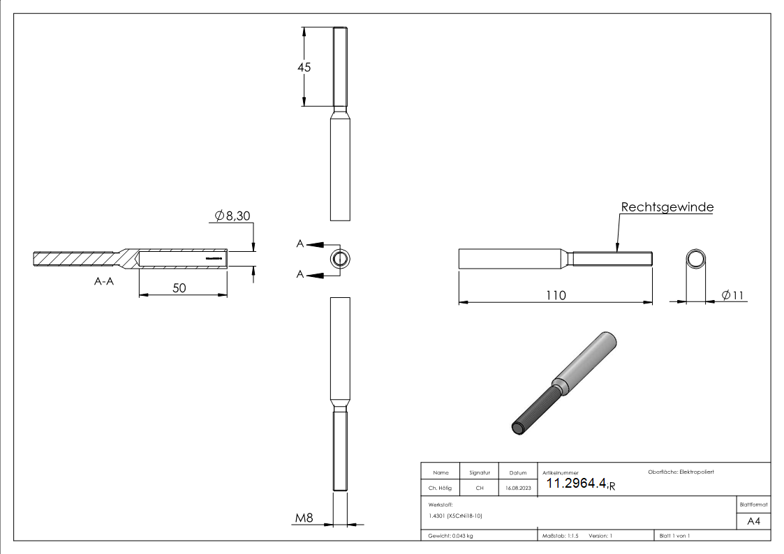 Gewindeterminal mit Außengewinde | Rechtsgewinde | Für Seil von Ø 8 mm |V2A