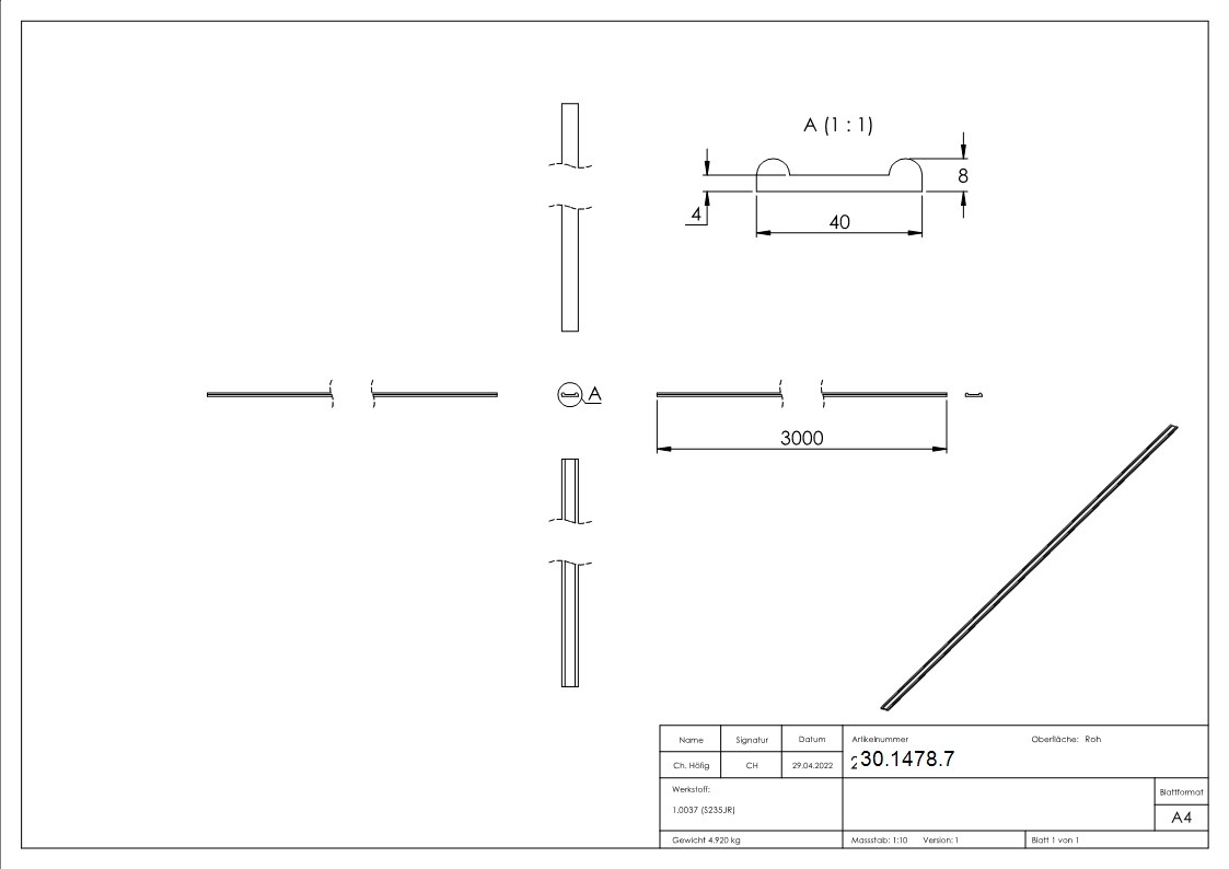 Hespeneisen | Maße: 40x8x4 mm | Länge: 3000 mm | Stahl S235JR, roh