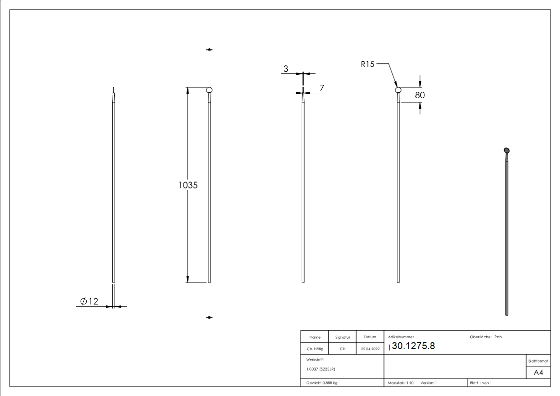 Zaunstab | Länge: 1035 mm | Material Ø 12 mm + Scheibe Ø 30 mm | Stahl S235JR, roh