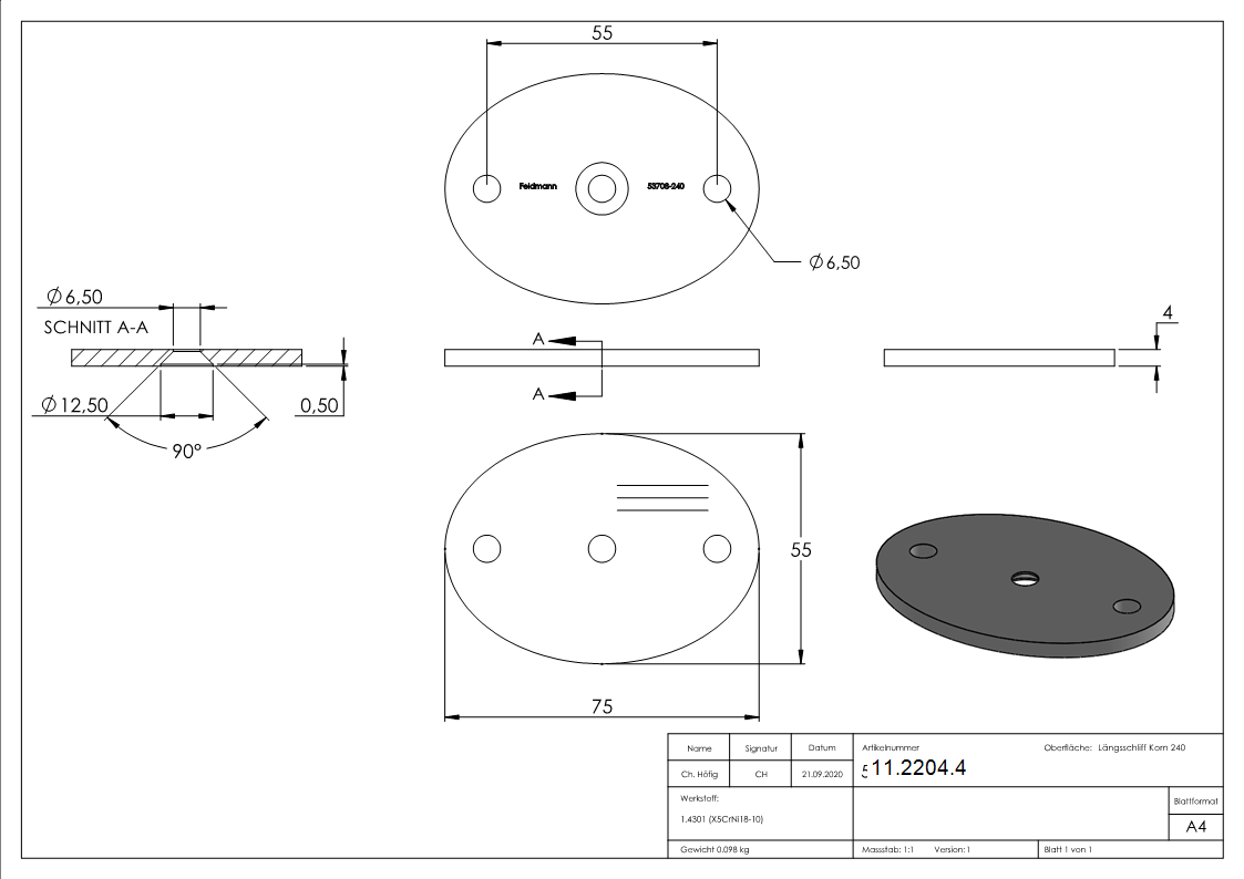 Ankerplatte | Maße: 75 x 55 x 4 mm | mit Zentrierbohrung: Ø 10 mm | V2A