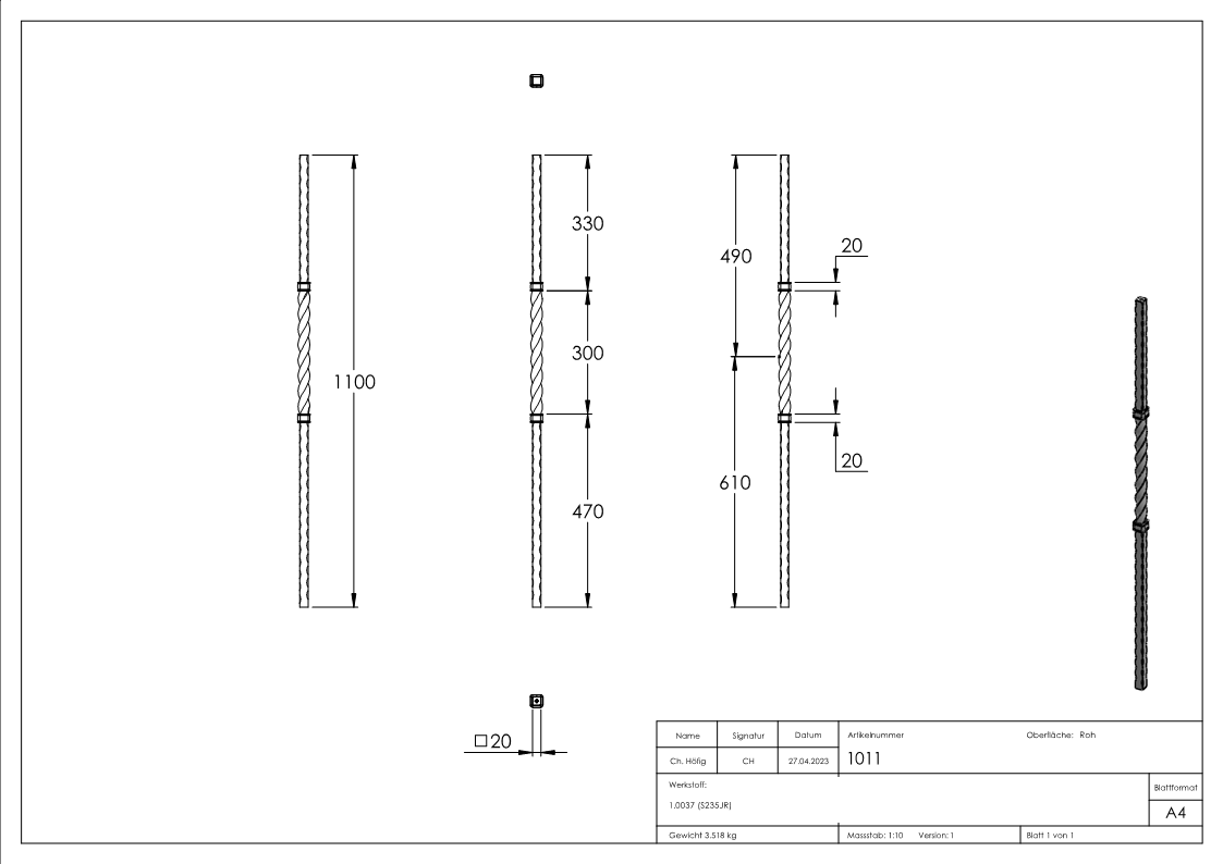 Anfangsstab | Länge: 1100 mm | Material: 20x20 mm | Stahl S235JR, roh