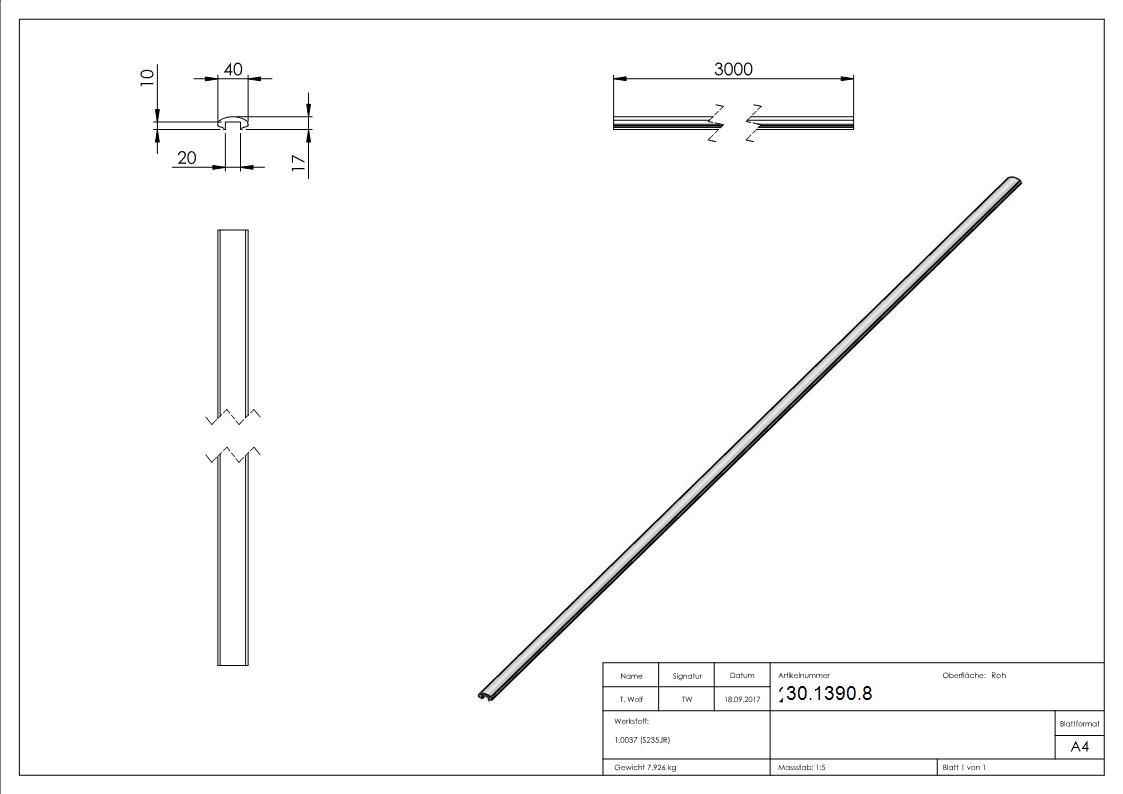 Handlauf | Maße: 40x17 mm | Länge: 3000 mm | mit Nut | Stahl (Roh) S235JR