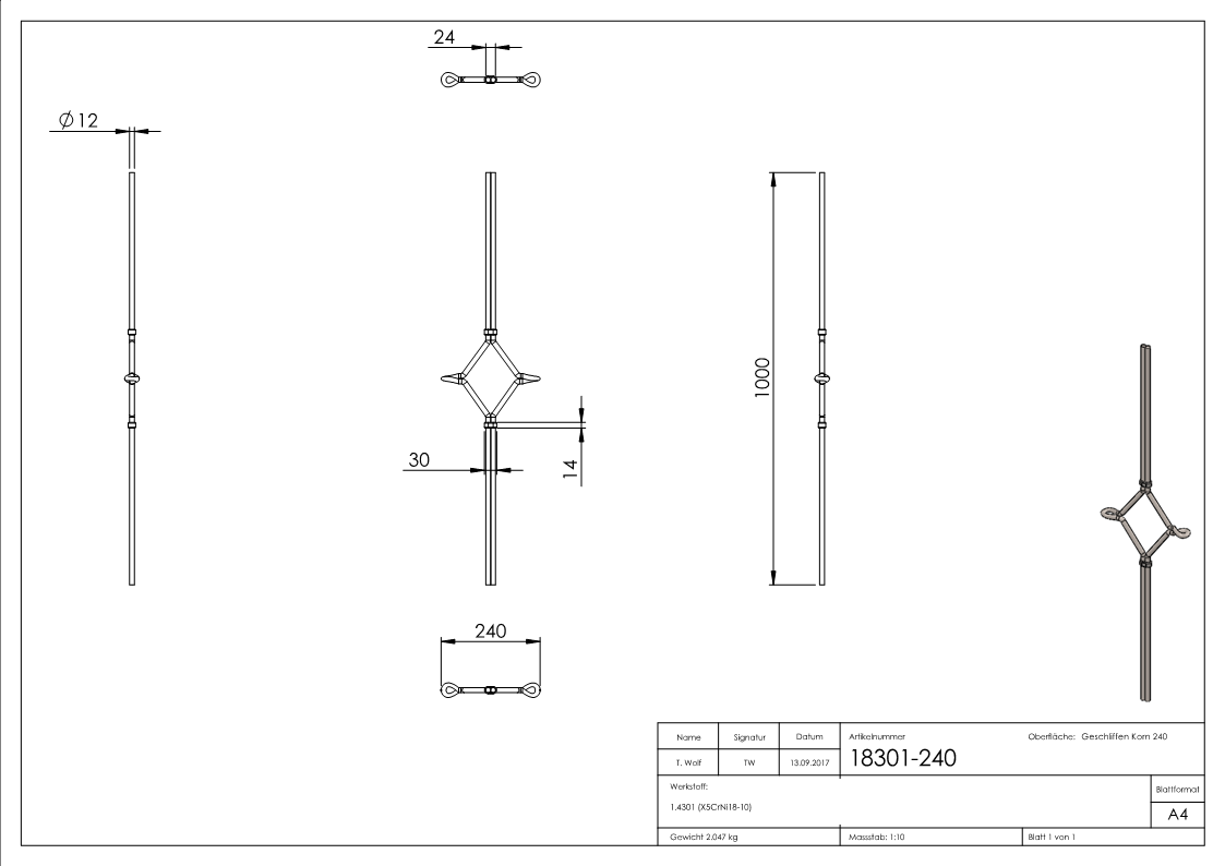 Ösenstab mit Mittel-Ornament, V2A