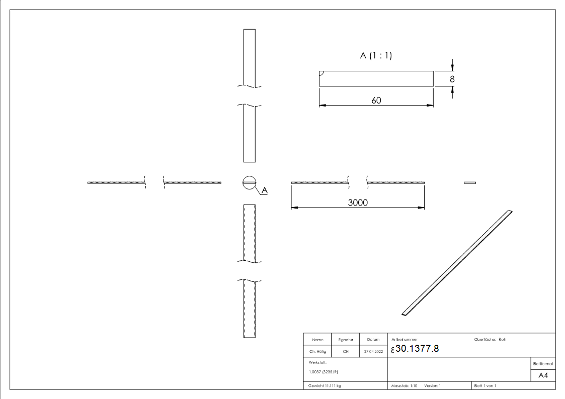 Flacheisen | Länge: 3000 mm | Material: 60x8 mm | Stahl (Roh) S235JR