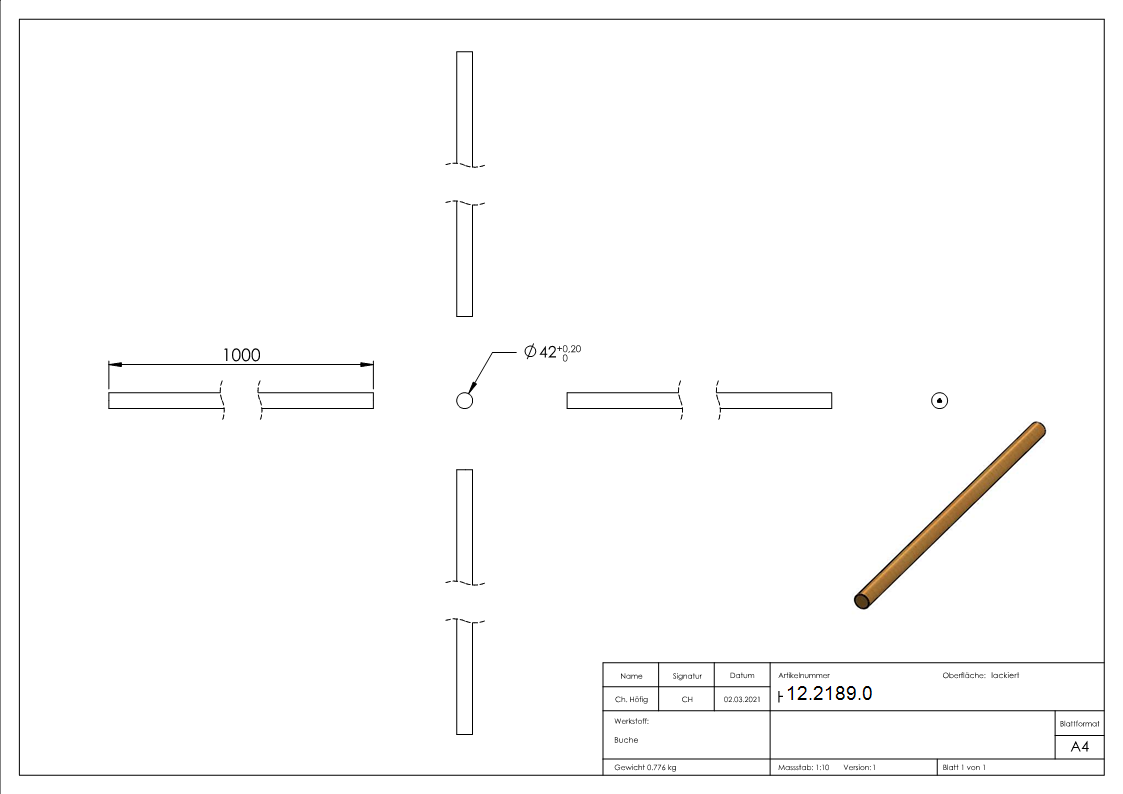 Holzhandlauf Buche, Ø 42 mm Länge 1000 mm