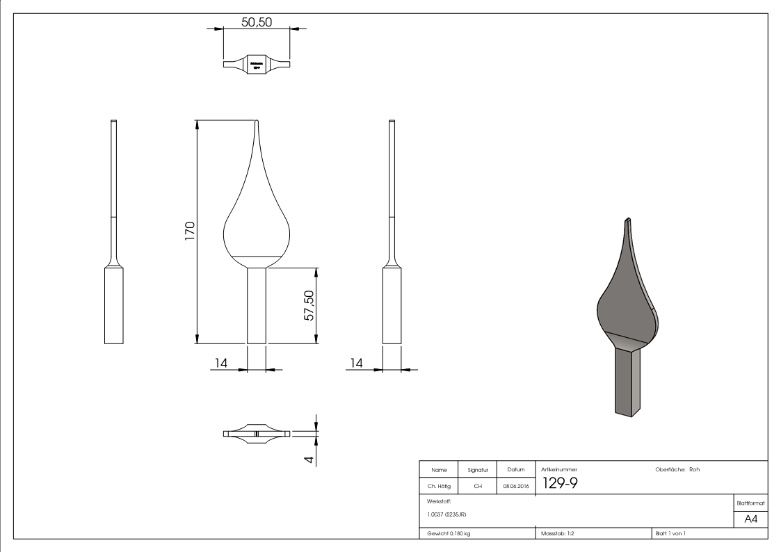 Zaunspitze | Höhe: 170 mm | Material: 14x14 mm | Stahl S235JR, roh