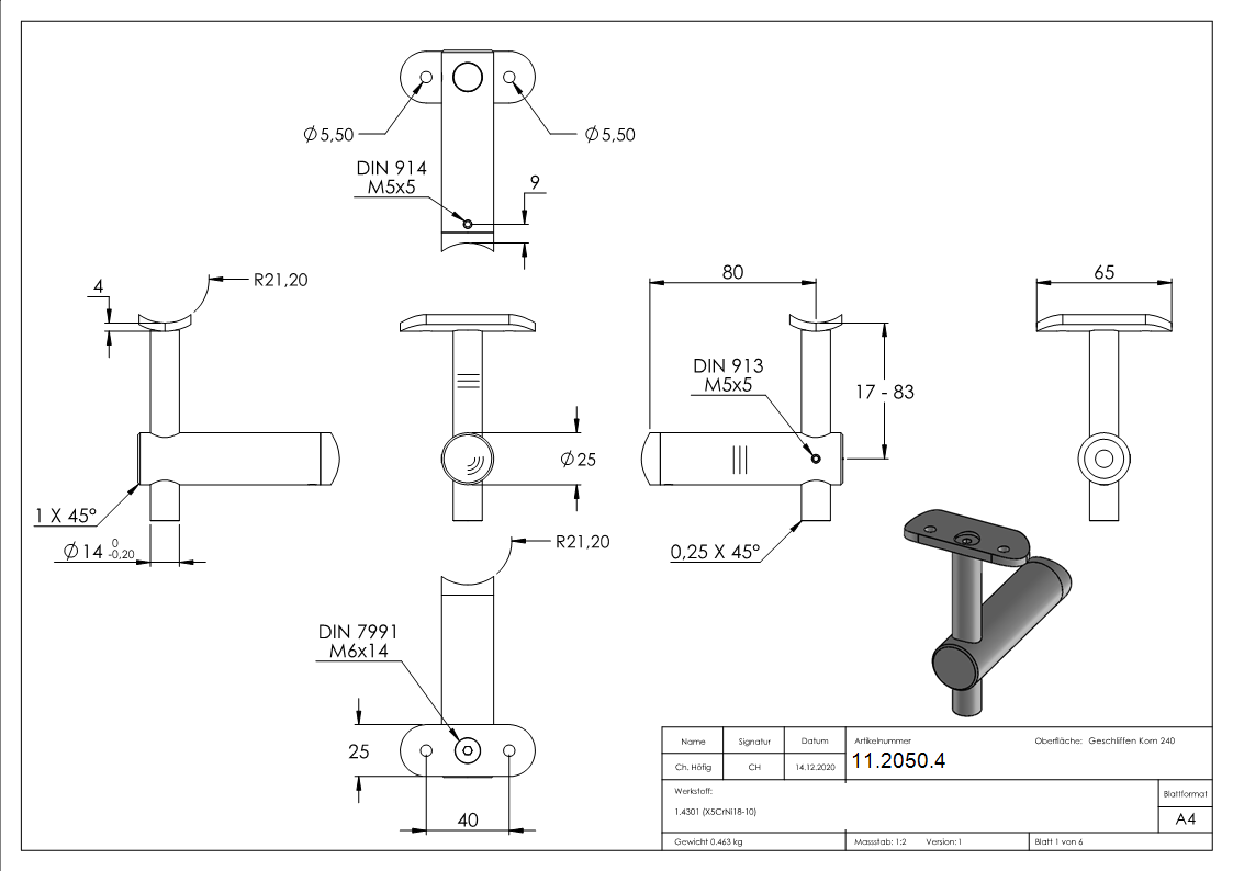 Handlaufhalter höhenverstellbar und Halteplatte für Ø 42,4 mm V2A