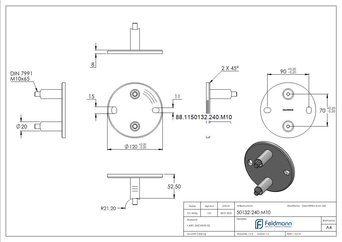 Wandbefestigung für Geländerpfosten 42,4mm