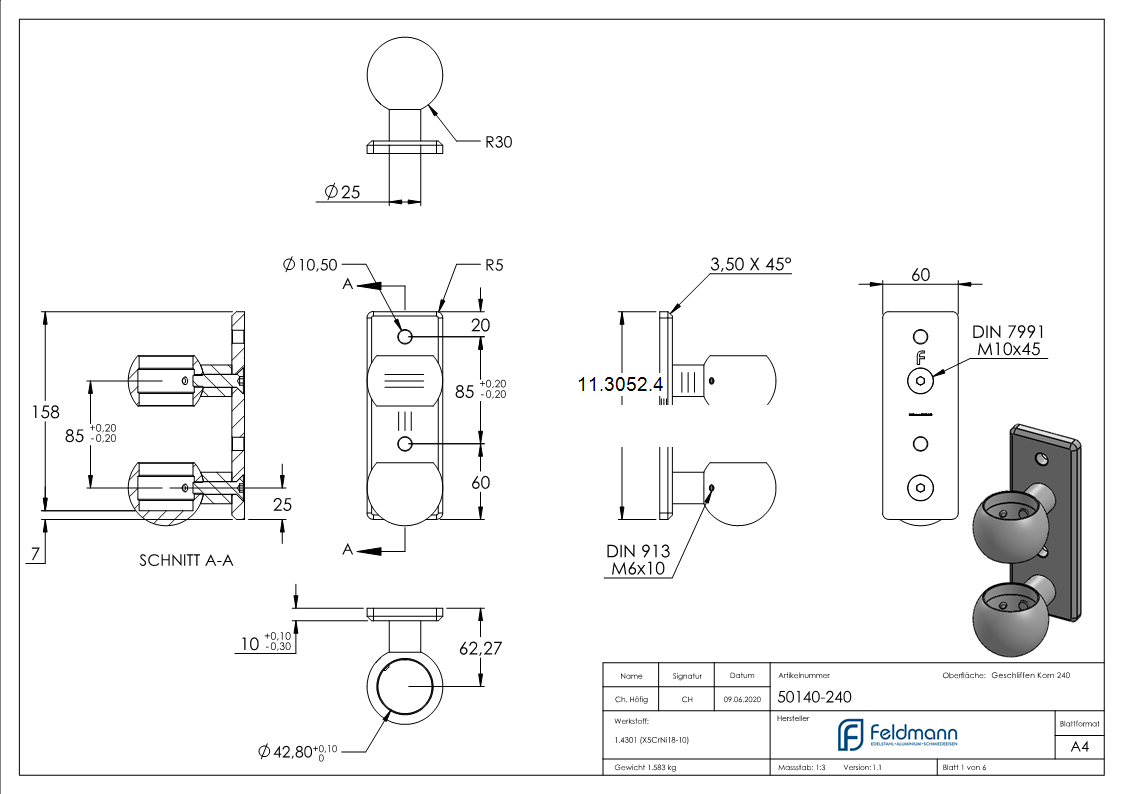 Wandhalter für Rundrohr Ø 42,4 mm V2A