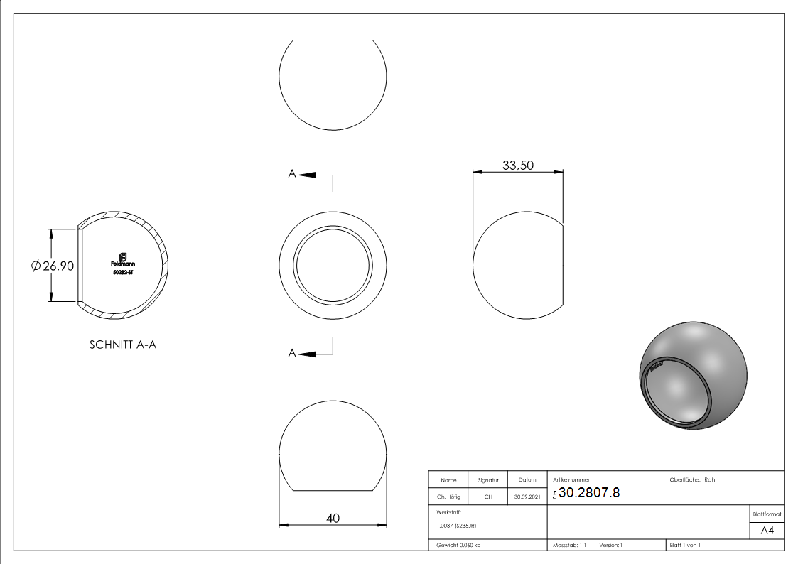 Abschlußkugel Ø 40 mm | für Ø 26,9 mm| Stahl S235JR, roh