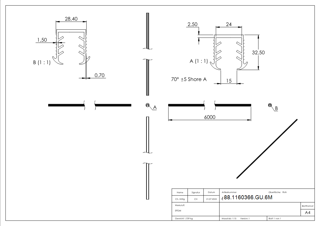 Keildichtung Glas 16,76 – 17,52mm, für Nut 27 x 30mm, Länge 6m, EPDM