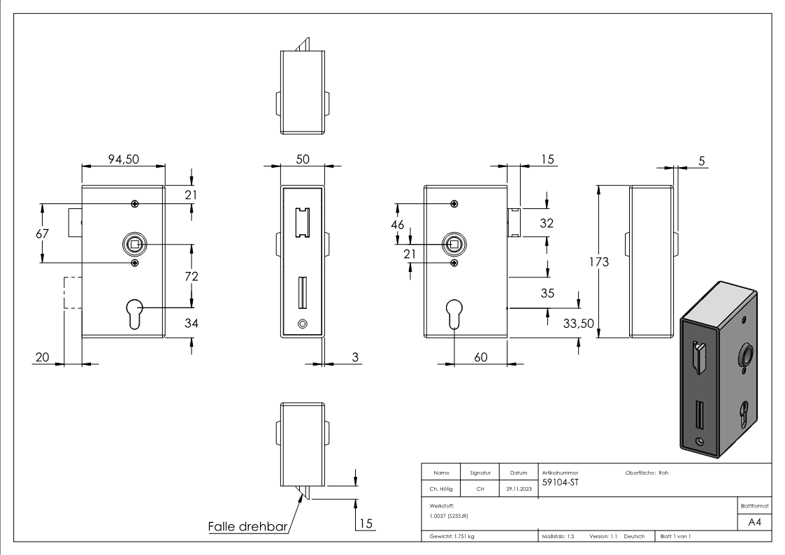 Schlosskasten | Maße: 173x94,5x50 mm | Dorn: 60 mm | Stahl (roh) S235 JR