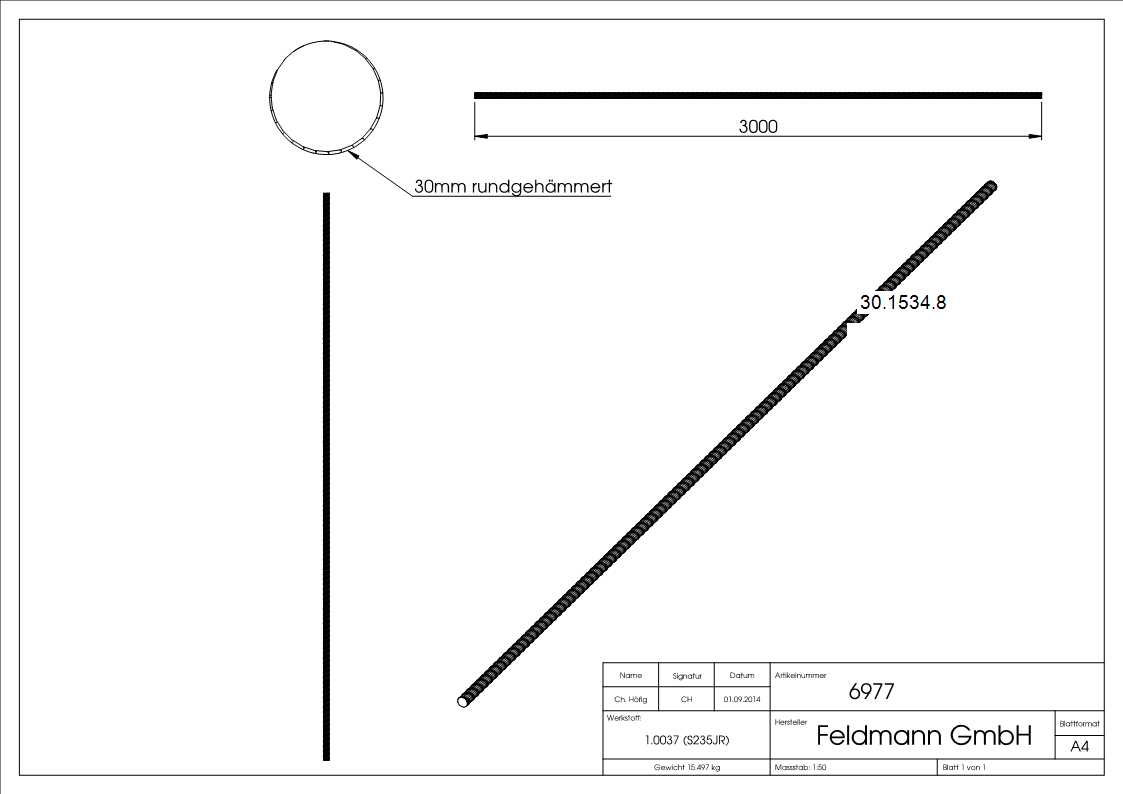 Rundeisen spindelförmig geschmiedet Ø 30 mm Länge: 3000 mm Stahl (Roh) S235JR